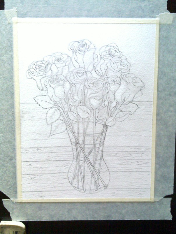 TenRosesOnTableinFrontofLakeDrawing